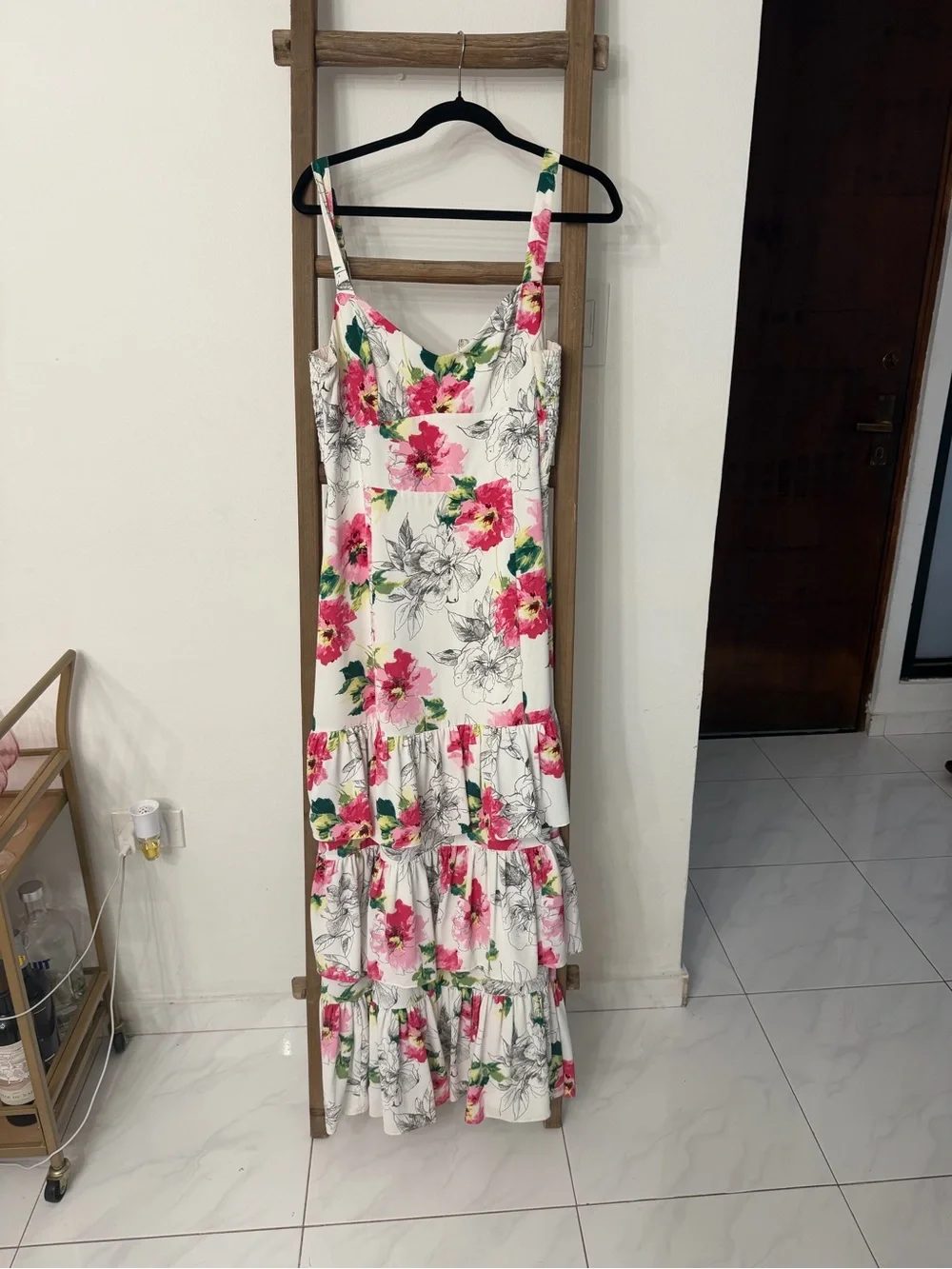 Abercrombie & Fitch White Maxi Dress with Pink Floral Print and Green Leaves